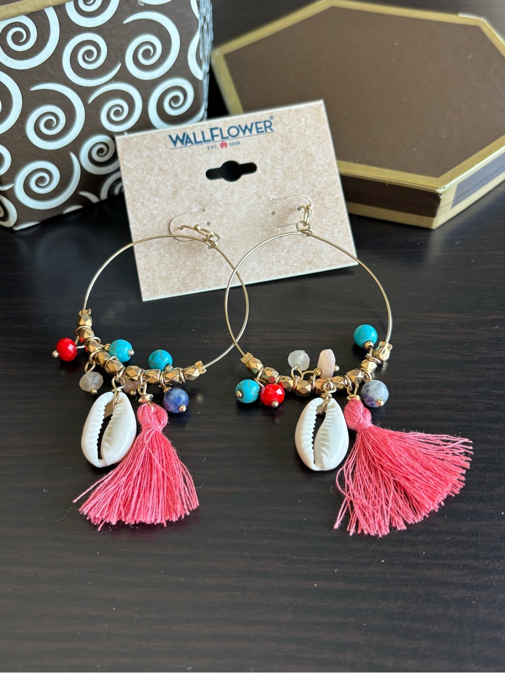 Colorful Pink Tassel & Beads Hoop Earrings